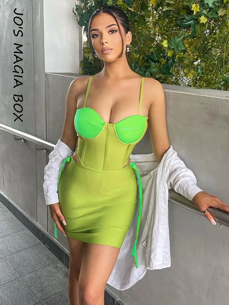 

Jo's Magia Box 2022 Summer Green Y2K Bodycon Sexy Women Dress Party Club Women's Suits with Off Cropped Corset Top & Mini Skirt