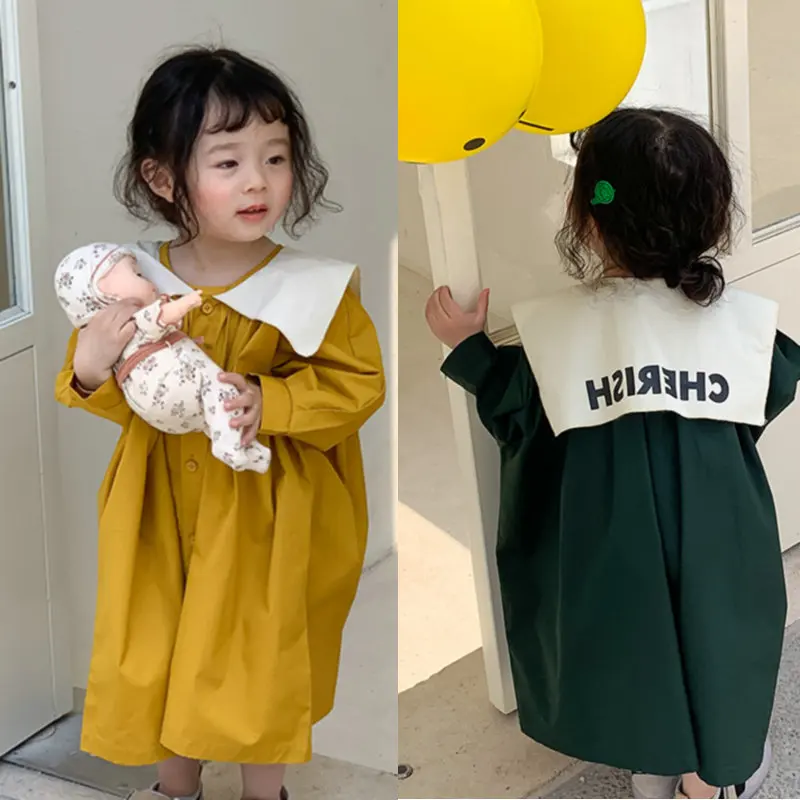 

2022 Autumn Cotton Causla Girls Children Long Sleeve Dresses Toddler Kids Solid Color Fashion Princess Dress Clothing