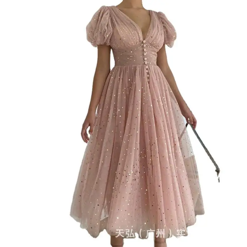 

Maxi Dresses for Women Party Pink Puff Sleeve Gauze Dress Sweet Sexy V-neck Loose Evening Wedding Vestidos Mujer Summer Dress