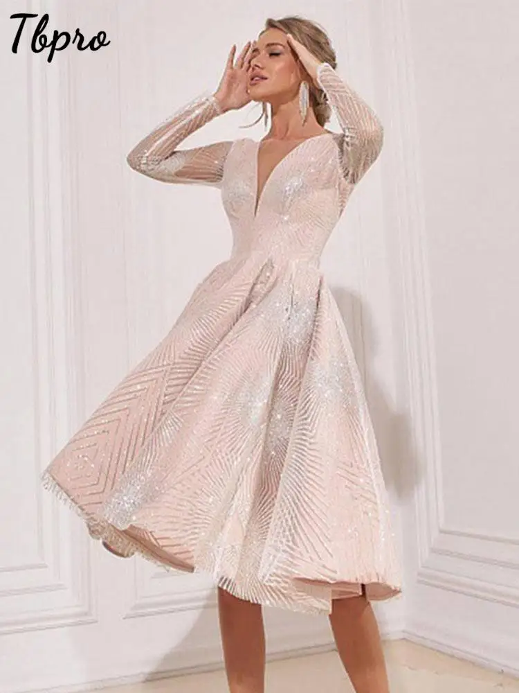 

Sexy Lacy V-neck Gauze Sleeve A-line Dress Women's Evening Party Dress Long Sleeve Robe Elegant Mesh Puff Dresses For Female