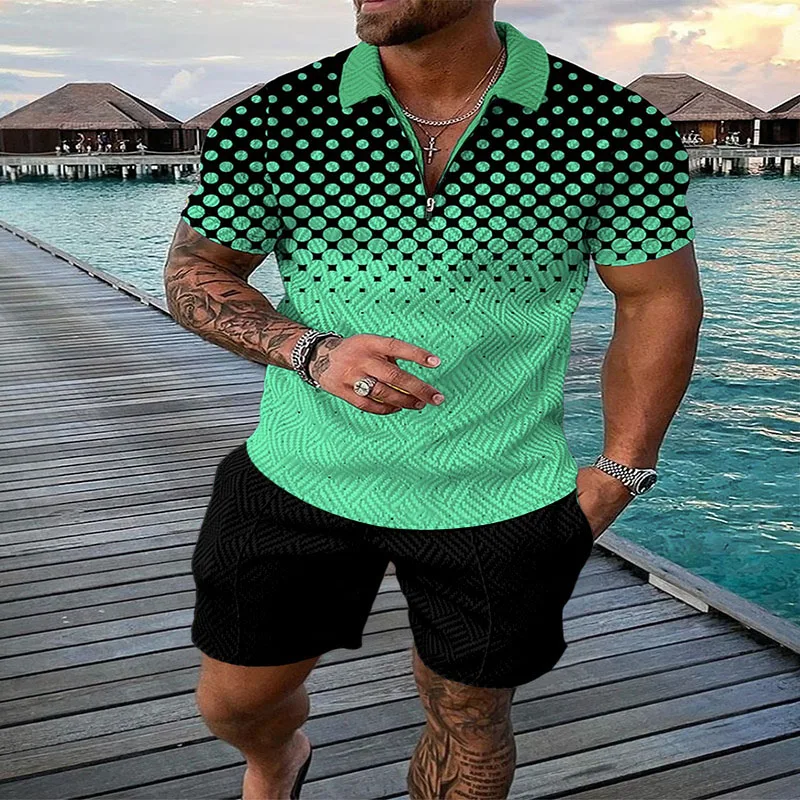 Men's summer casual printed short-sleeved lapel Polo shirt + sports shorts 2-piece men's fashion street wear