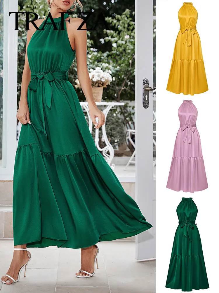 

TRAFZA 2023 Women's Solid Pleated Sleeveless Halterneck Dress Bow Belt Slim A-Line Long Dress Spring Female Casual Streetwear