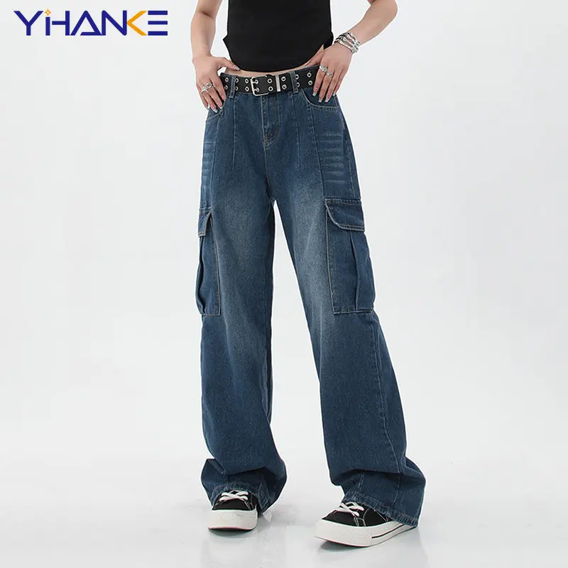 

2023 New Blue Retro Tooling Jeans Women's Y2K High Waist Straight Mop Pants Fashion Casual Loose Wide Leg Pants Streetwear