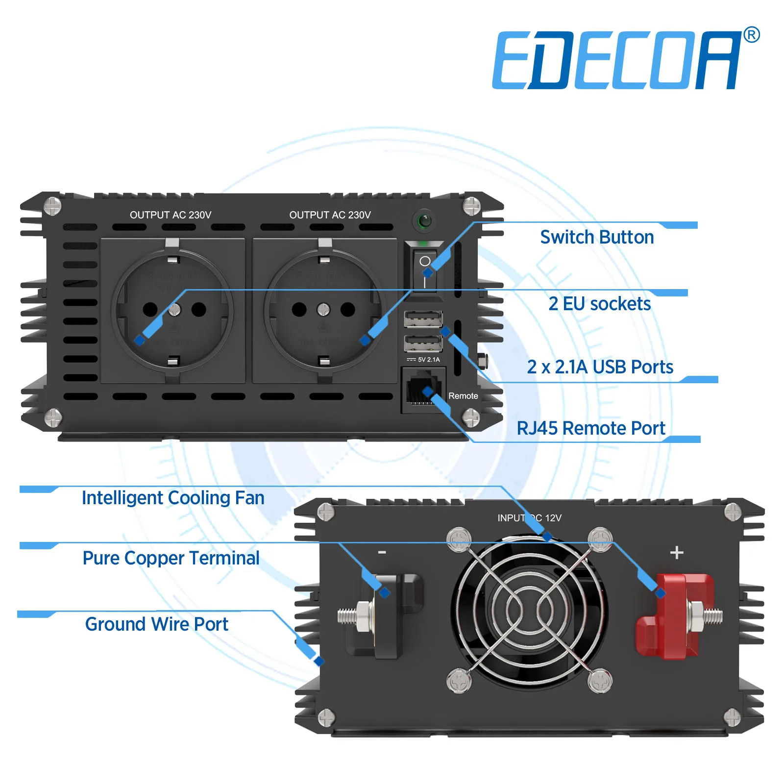 Инвертор 12v 220v 1500w Edecoa DC 12V 24V TO 230V Off Grid Converter Power Pure Sine Wave 3000w on.