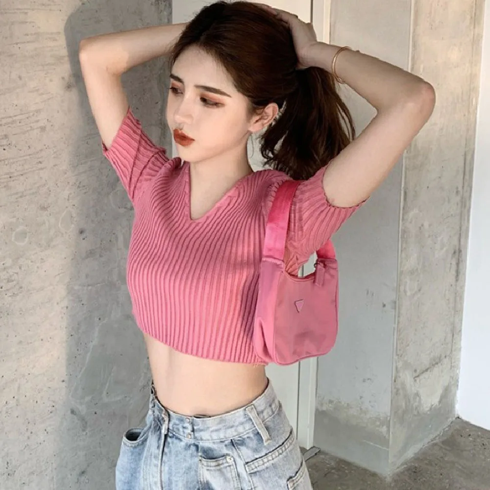 

Hot Sale Women's Knitted T-shirt Sexy V Neck Short Sleeve Cropped Tops