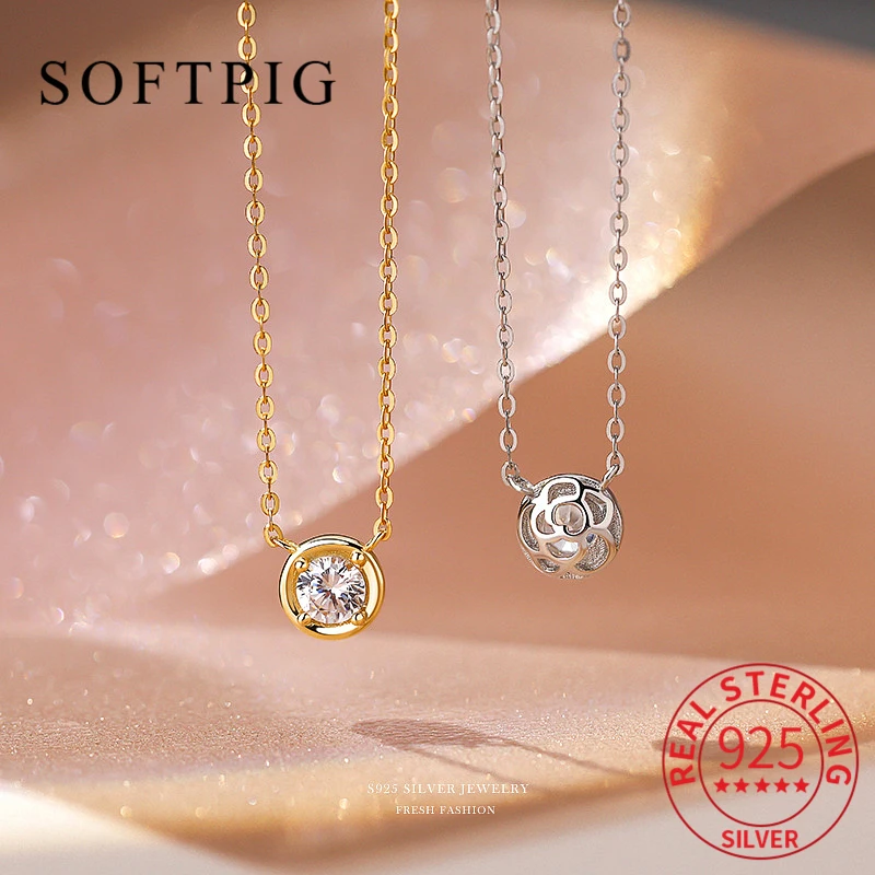 

SOFTPIG Real 925 Sterling Silver Zircon CZ Hollow Pattern Bead Choker Necklace for Women Fine Jewelry Minimalist Geometry Bijoux