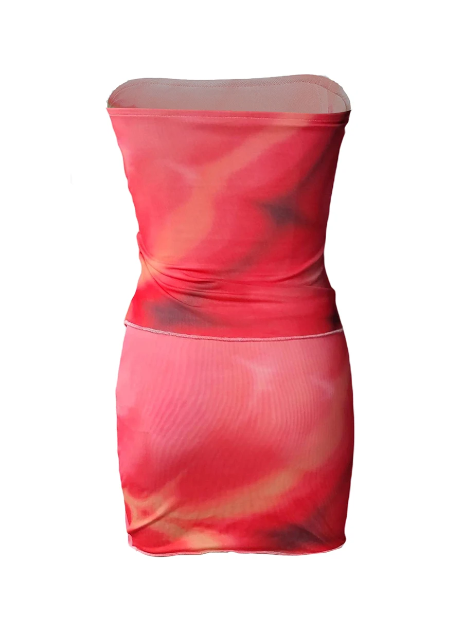 

CHQCDarlys Womens Sexy Summer Two Piece Outfits Y2K Tie Dye Print Asymmetrical Drawstring Slim Bandeau and Mini Skirt Set