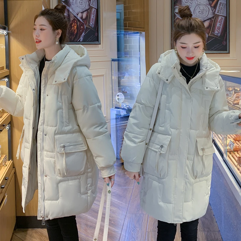 Korean Winter Women Mid-long Parkas Jackets Casual Pockets Thick Warm Hooded Loose Coat Female Winter Outwear Windproof Parkas