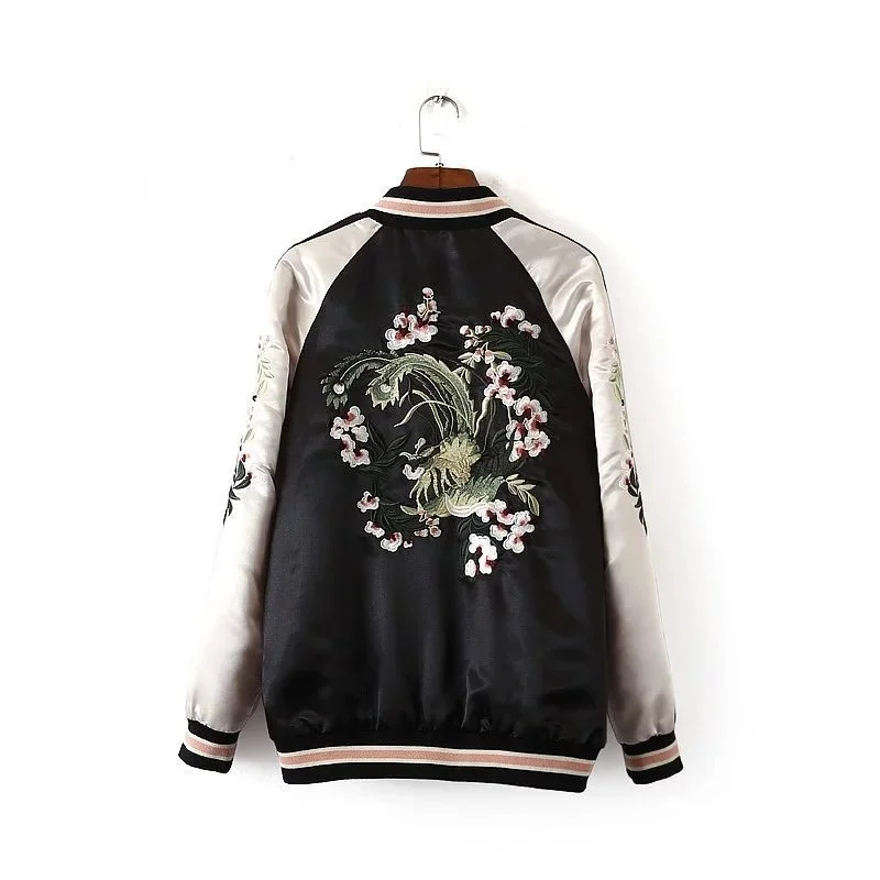 

Autumn Spring Women Dragon Tiger Embroidered Bomber Jacket Fashion Brand Double Sided Printed Pilot Outerwear Jaqueta Female
