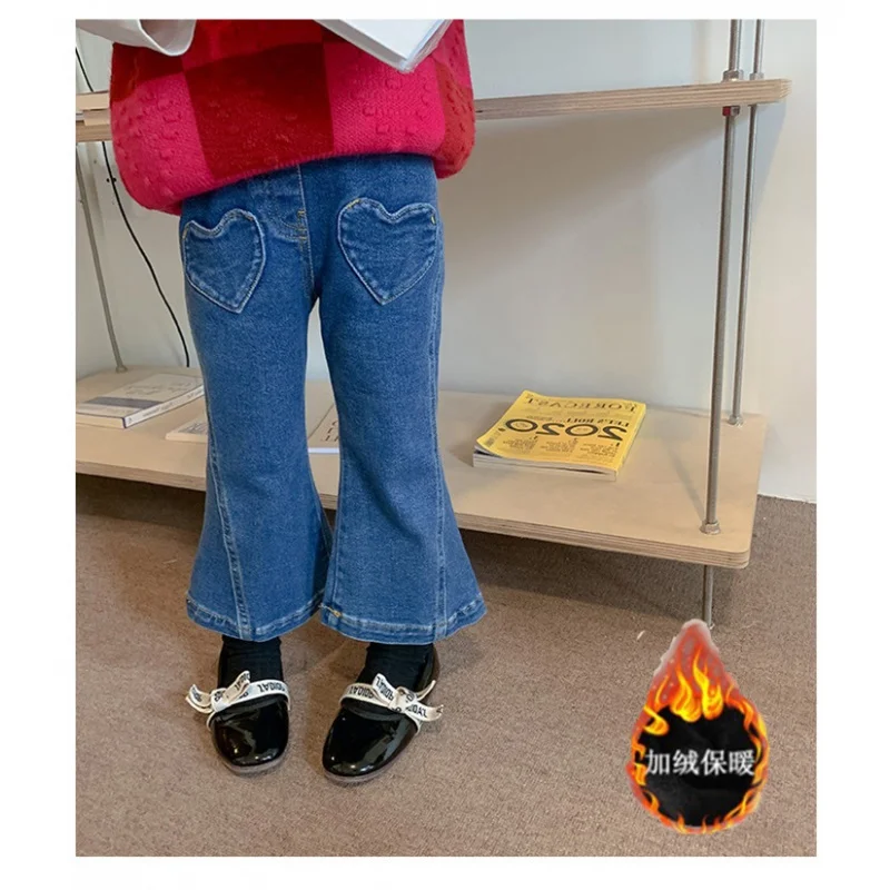 

Girls Fleece-lined Bell-Bottom Pants Winter Wear New Western Style Children Baby Thick Winter Clothes Jeans Single-Layer Fleece-