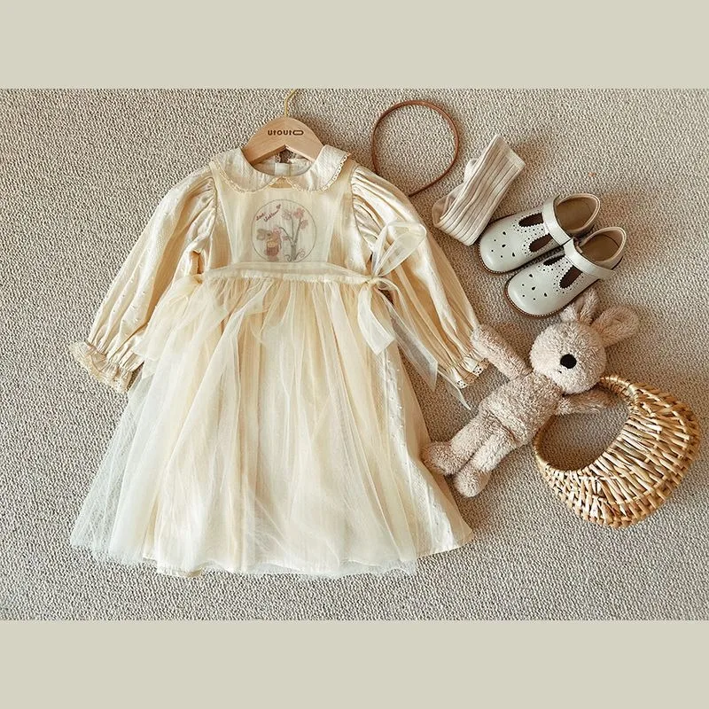 

New Baby Kid Girl Spring Summer Cream Color Kids infant Dresses Children Doll Collar Embroidered Yarn Dress Girls Clothes
