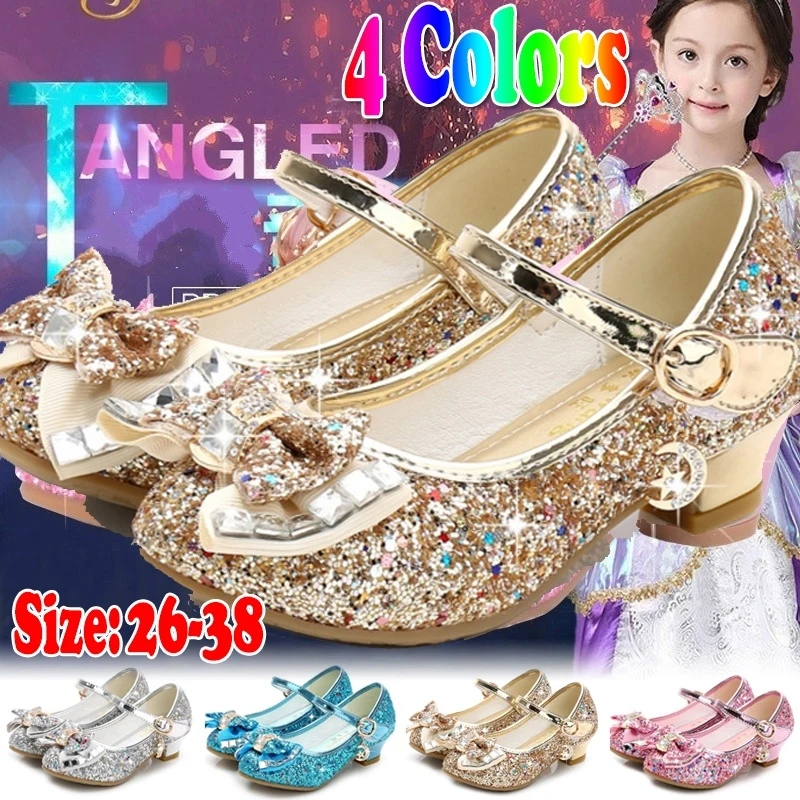 

Детские кожаные туфли принцессы для девочек, повседневные блестящие туфли с цветами, на высоком каблуке, с бантом-бабочкой, синие, розовые, серебристые