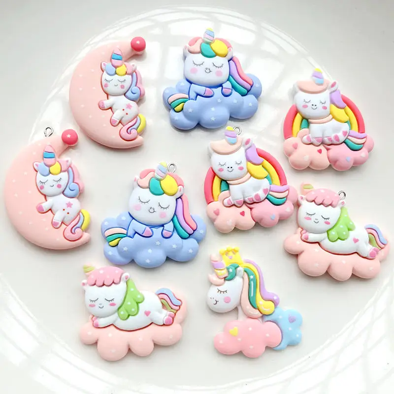 

Новинка большая кавайная Милая Радужная подвеска в виде единорога с плоским дном из смолы с круглым вырезом кусачки «сделай сам» заколки ве...