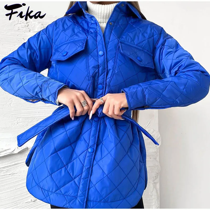 Casual Loose Solid Color Pockets Rhombus Warm Down Jacket with Belt Women 2022 Fashion Thickened Coat Female Outwear Streetwear