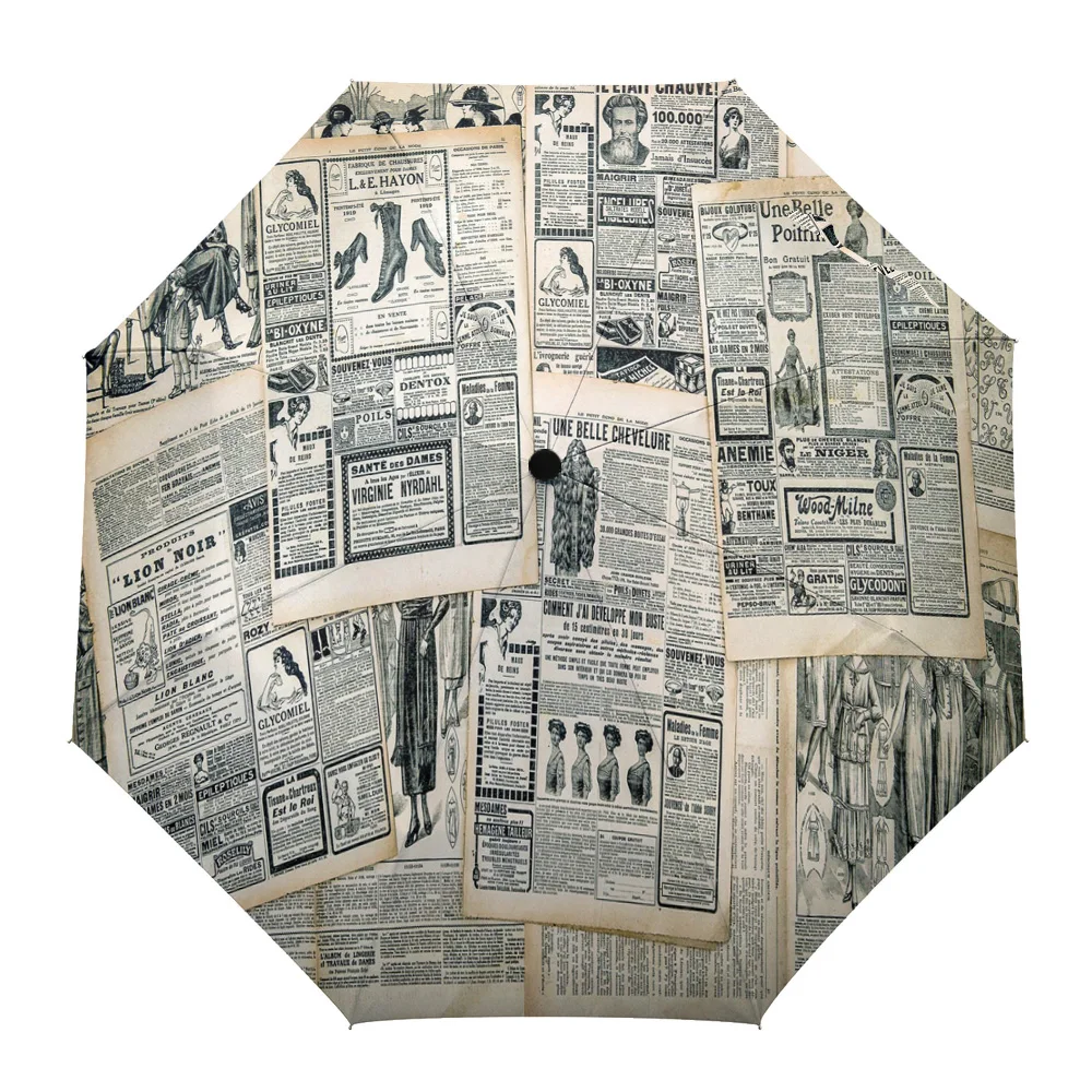 

Newspaper Page Retro Fully-automatic Umbrella for Outdoor Kids Adults Printed Umbrella Foldable Eight Strand Umbrella