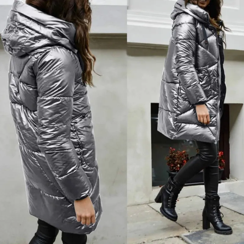 Winter New Hooded Cotton Jacket Women's Slim Long Jacket Women Flashing Long-sleeved Parka Cotton Warm Coat Women