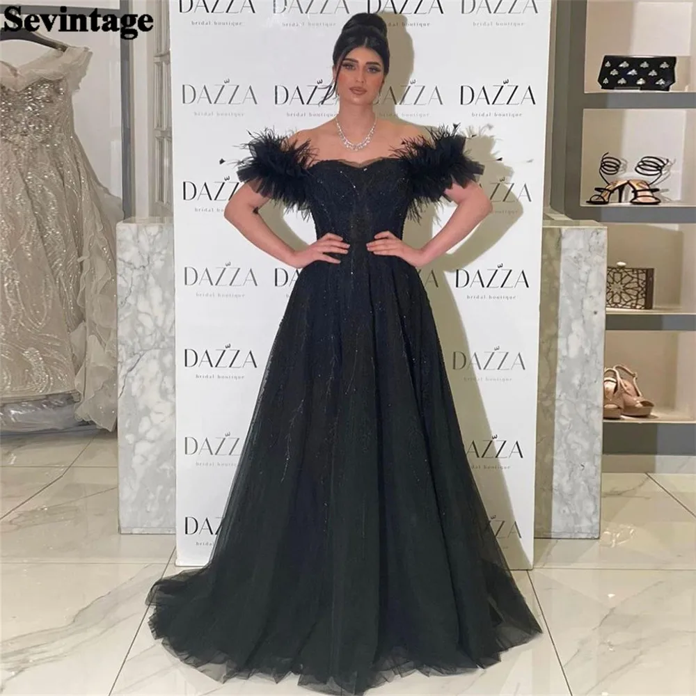 

Sevintage Elegant Saudi Arabic Prom Dress Tulle Off The Shoulder Feather Women Evening Gown Formal Celebrity Pageant Party Dress