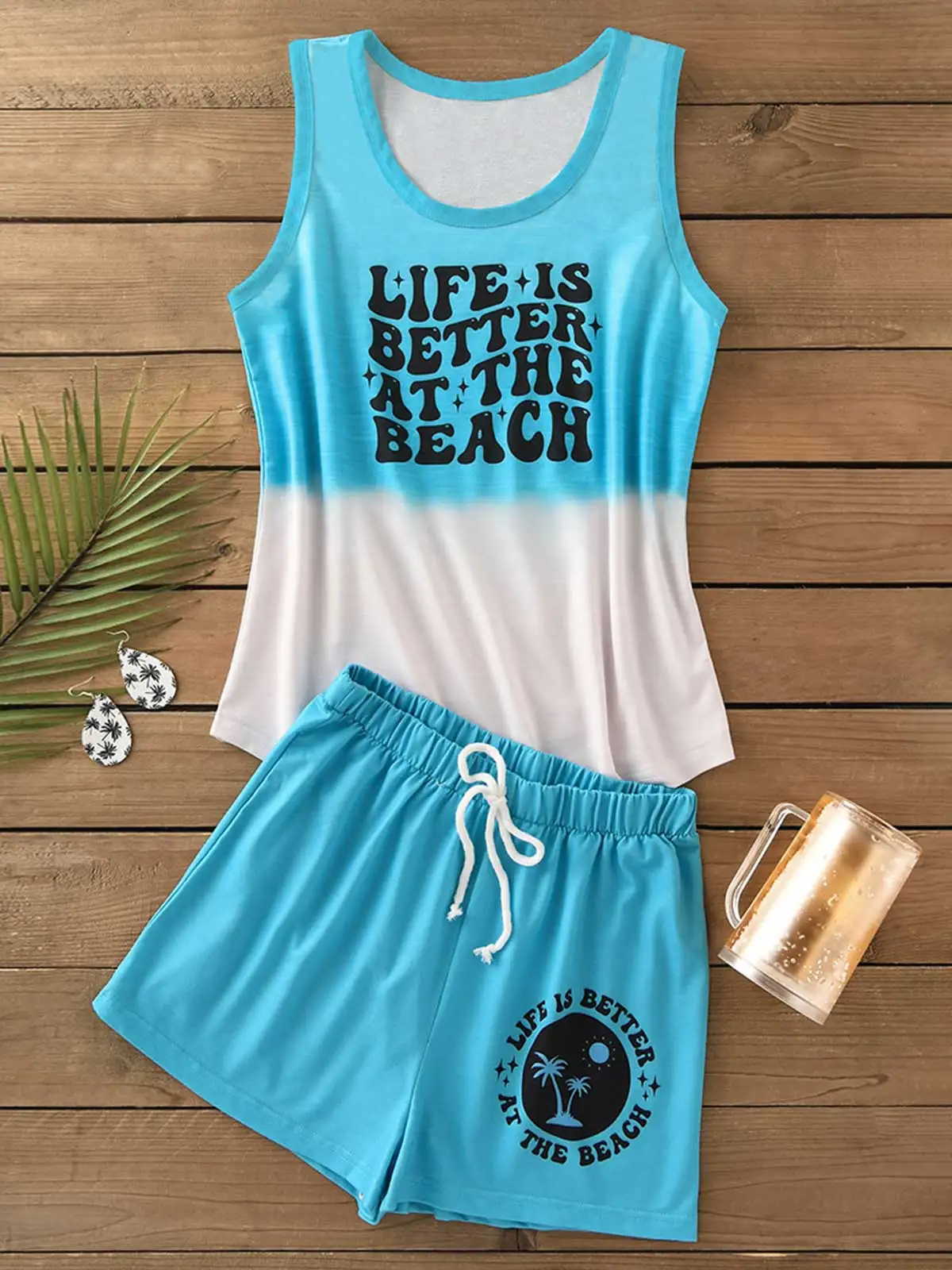 2023 Women Coconut Tree Shorts Pajamas Set Color Block Sleeveless T Shirt+Shorts Woman Soft Casual Sleepwear Homewear Pijimas