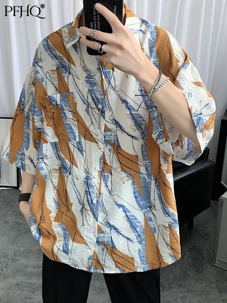 

PFHQ Men's Tie Dye Shirt Turn-down Collar New Man Half Sleeve Tops Blouse Thin Fashion Chic Summer Handsome Clothing 2022