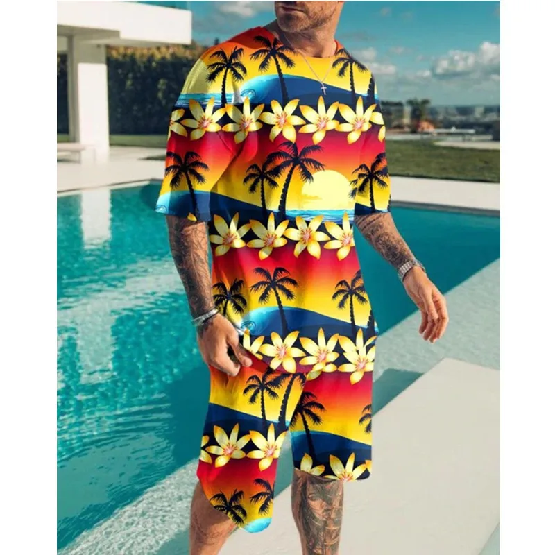 

2023 Summer Men's Tshirt Suit 3D Printing Tropical Style Men's Tshirt+Beach Pants 2-Piece Set Oversized O-Neck XXS~6XL