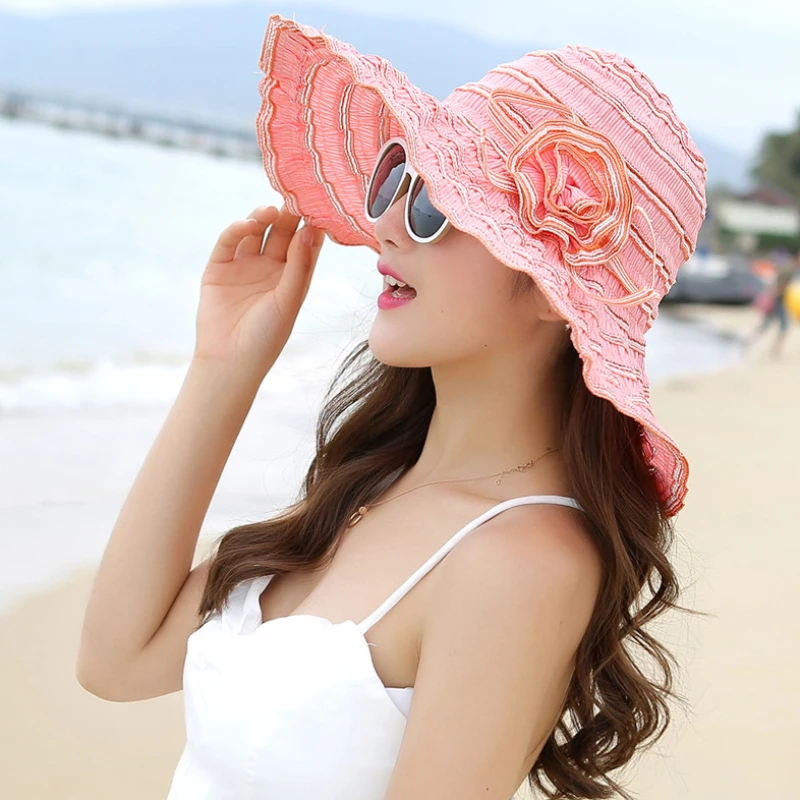 

MZ1676 Summer Sun Hats For Women Girl Wide Brim UV Protection Beach Hat Breathable Foldable Panama Cap Ladies Flower Travel Cap