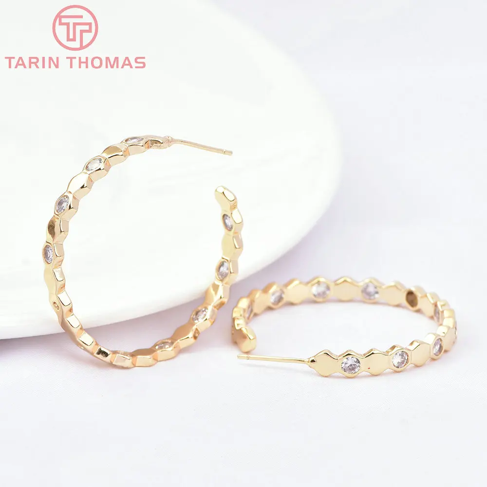 (7390) 2 шт. 35 мм 24 К золото латунь с цирконом круглые серьги крючки Высокое качество Diy Ювелирная фурнитура Аксессуары Оптовая продажа