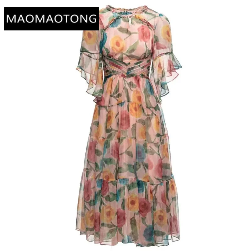 

Женское шифоновое платье-миди с цветочным принтом, круглым вырезом и оборками