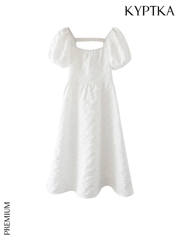 

KYPTKA Women Fashion Floral Embroidery Midi Dress Vintage Puff Sleeves Backless Zipper Female Dresses Vestidos Mujer