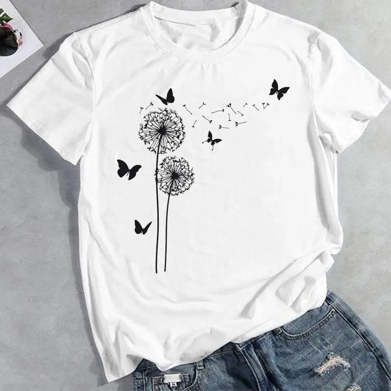 

Women Dandelion Butterfly Plant Short Sleeve Clothes Print Tops Fashion Cartoon Lady Tees Female Summer Tshirt Graphic T-Shirt