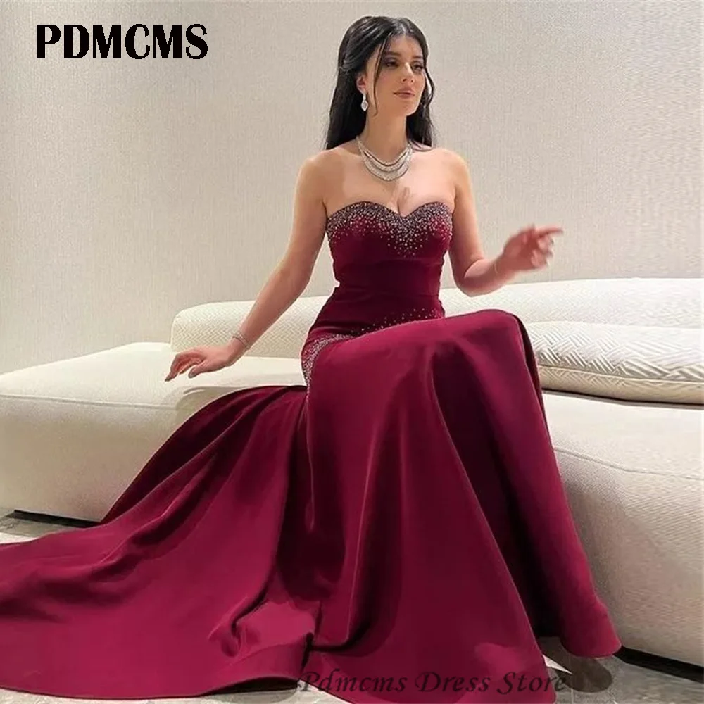

PDMCMS очаровательное бордовое милое вечернее платье без бретелек с блестками русалка без рукавов длиной до пола под заказ