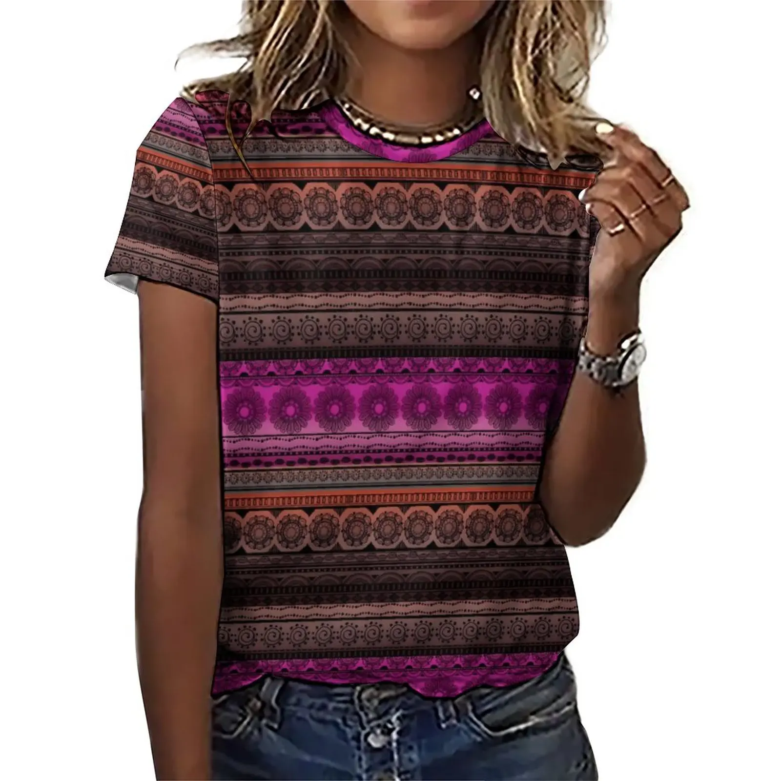 

Cute Tribal Print T-Shirts Pink Brown Korean Fashion Oversized T-Shirt Short Sleeve Women Aesthetic Tshirt Summer Design Tops