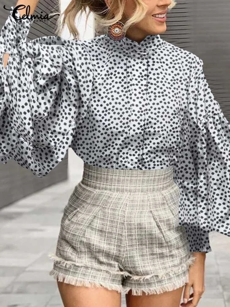 

Celmia 2023 Autumn Women Stand Collar Shirt Elegant Floral Print Blouse Oversized Ladies Fashion Chic Big Lantern Sleeve Blusas