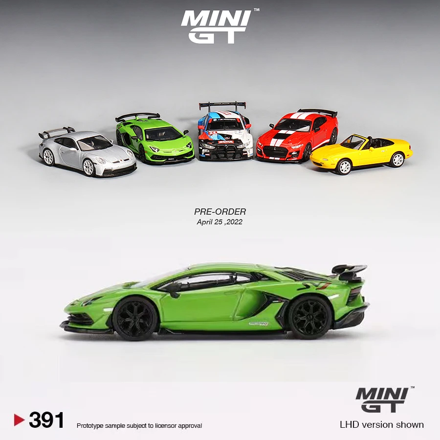 

Pre-Order MINI GT 1:64 Model Car Lamborghini Aventador SVJ Verde Mantis Alloy Die-Cast Super Running Car # 391-LHD