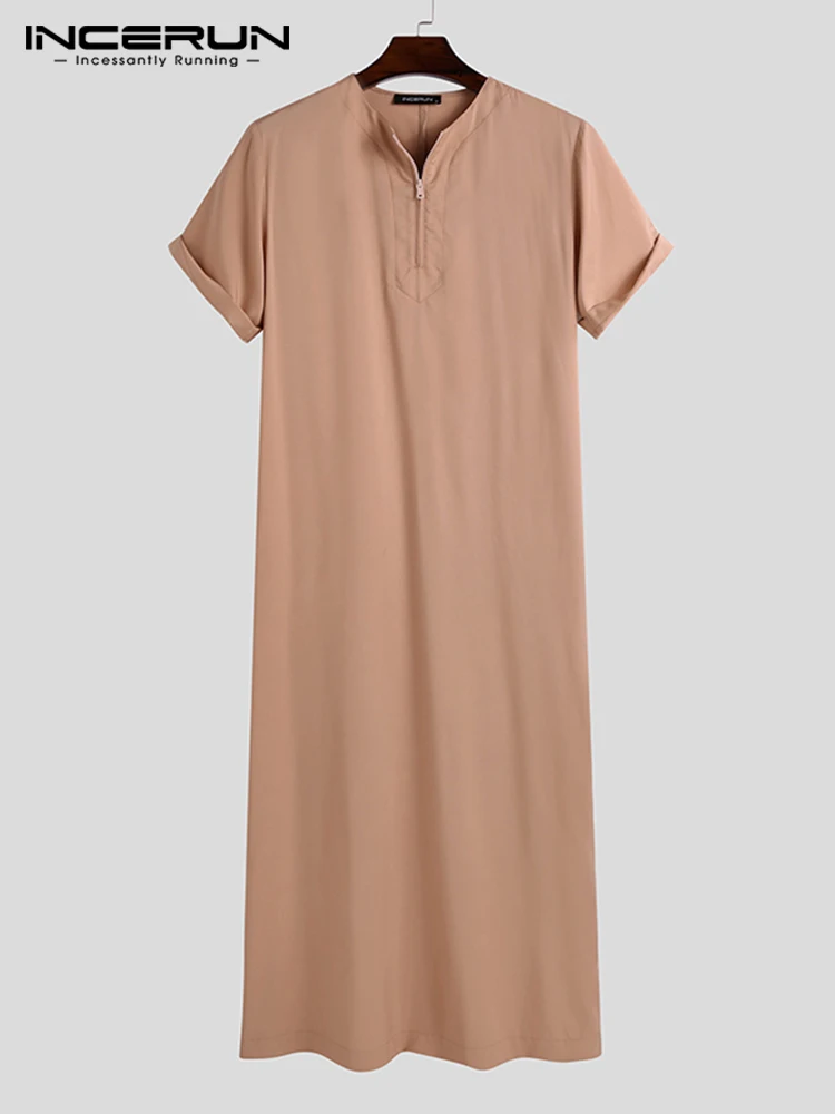 INCERUN 2022 New Men's Solid All-match Robes Saudi Style Jubba Thobe Vintage Short Sleeve O-Neck Muslim Arabic Islamic Robes 5XL