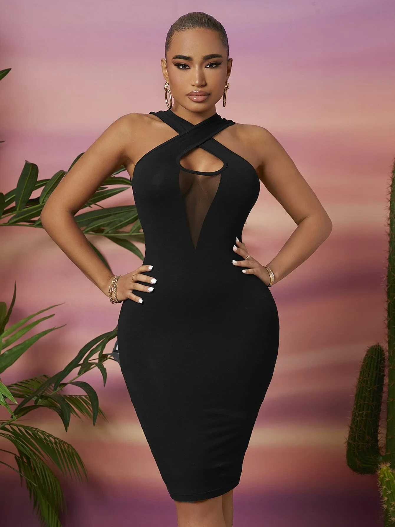 

New Mesh Insert Crisscross Front Bodycon Dress