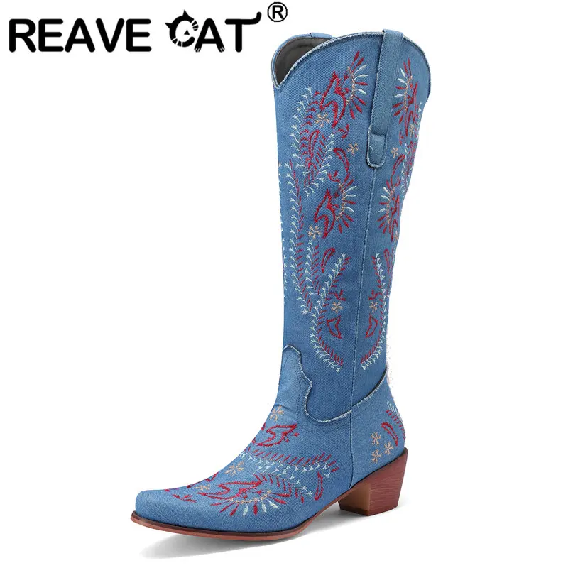 

Женские ковбойские сапоги REAVE CAT, ковбойские сапоги из денима на блочном каблуке 5 см, повседневные уличные сапоги без застежек с вышивкой, большие размеры 46, 47, 48