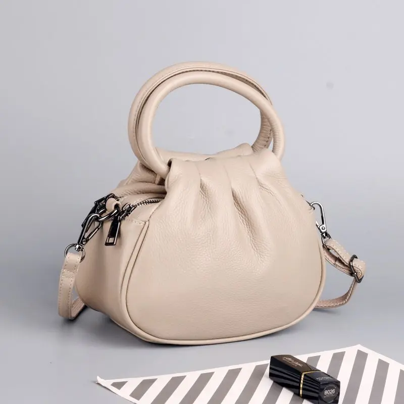 Leather Pleated Women's Bag Round Handle 2022 New Vintage Cow Leather Handbag Casual Simple Versatile Women's Crossbody Bag