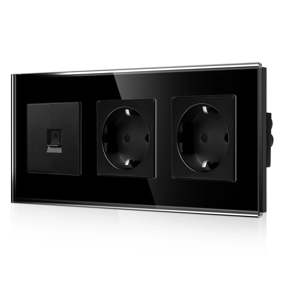 Розетка Bingoelec EU Power/USB с портами HDMI/USB для ТВ-компьютера, розетка Schuko переменного тока 230 В, защита от перенапряжения, черная стеклянная рамка