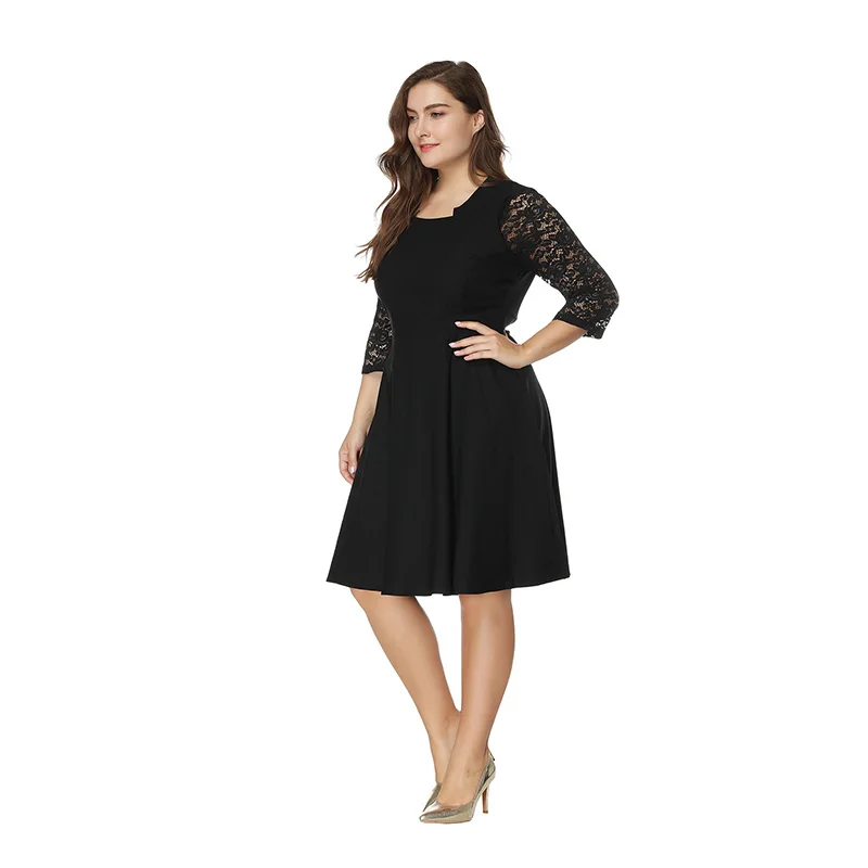 

Spring European Style Black Lace Evening Dress Party Prom Square Neckline 3/4 Sleeve Knee-Length Formal Woman A-Line Plus Size