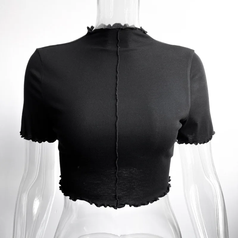 

Summer Solid Color Sexy Simple Versatile Round Neck Slim Slim Wooden Ear Edge Short Sleeve T-shirt Vest Top