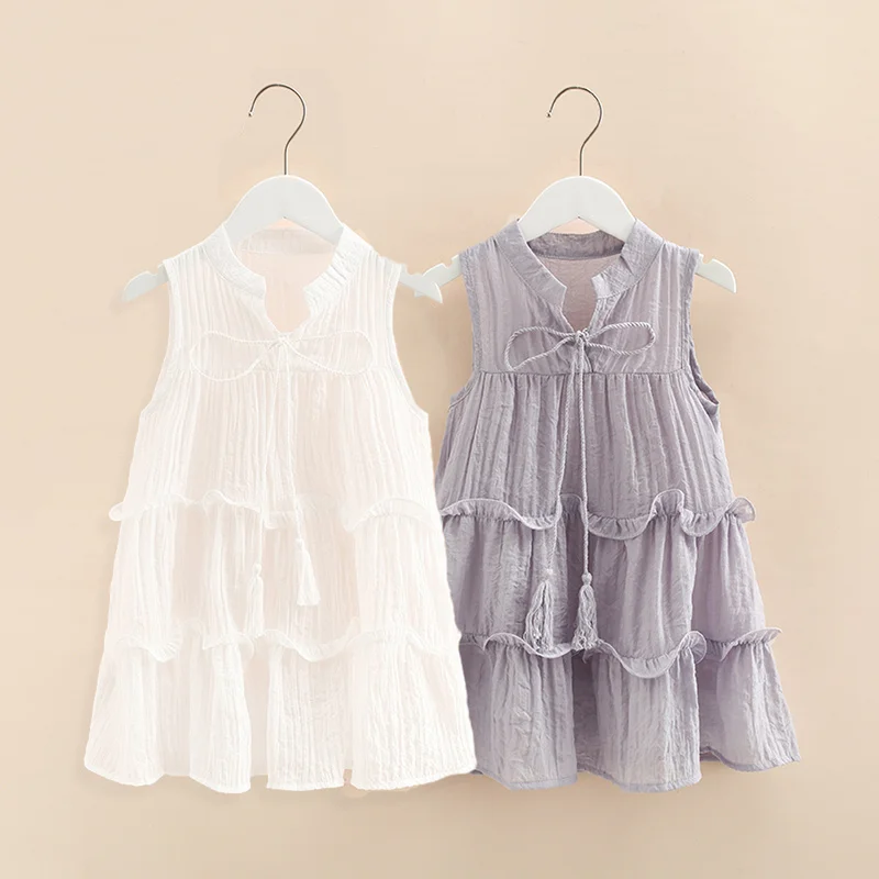 

2023 Summer Cool 3-12 Years Solid Colour Confident Princess Sleeveless White Gray Teenage Girls Layered Dresses Beach Dress Kids