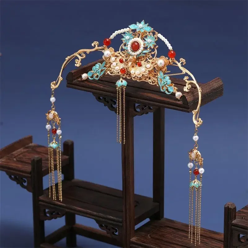 Женские синие цветы с металлической бахромой корона для волос китайский