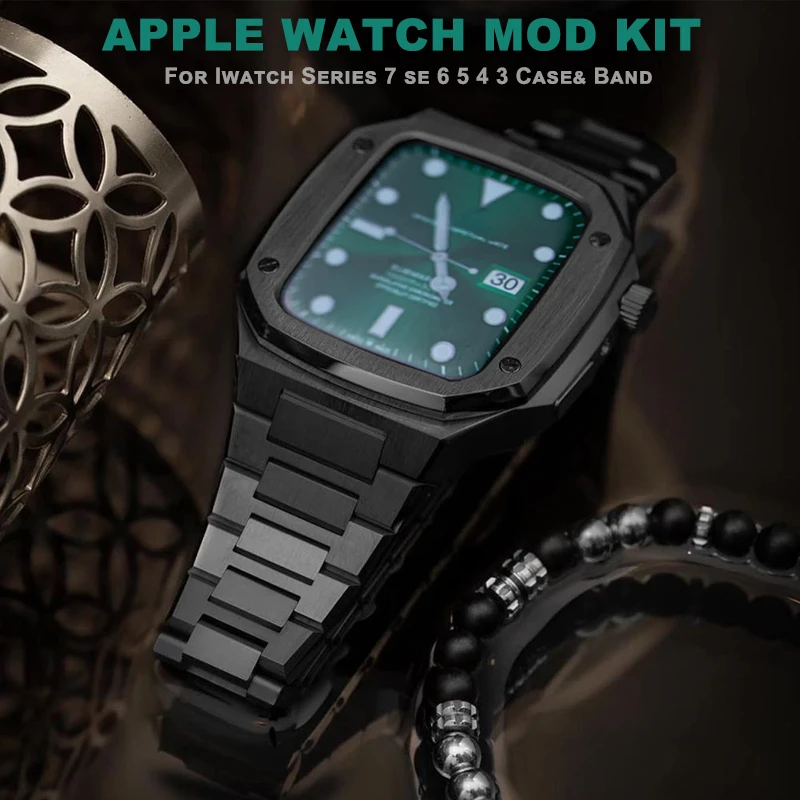 

Luxury Modification Kit Stainless Steel Strap Case for Apple Watch Band 7 45mm 44mm Metal Mod Kit for iWatch Series 7 6 SE 5 4 3