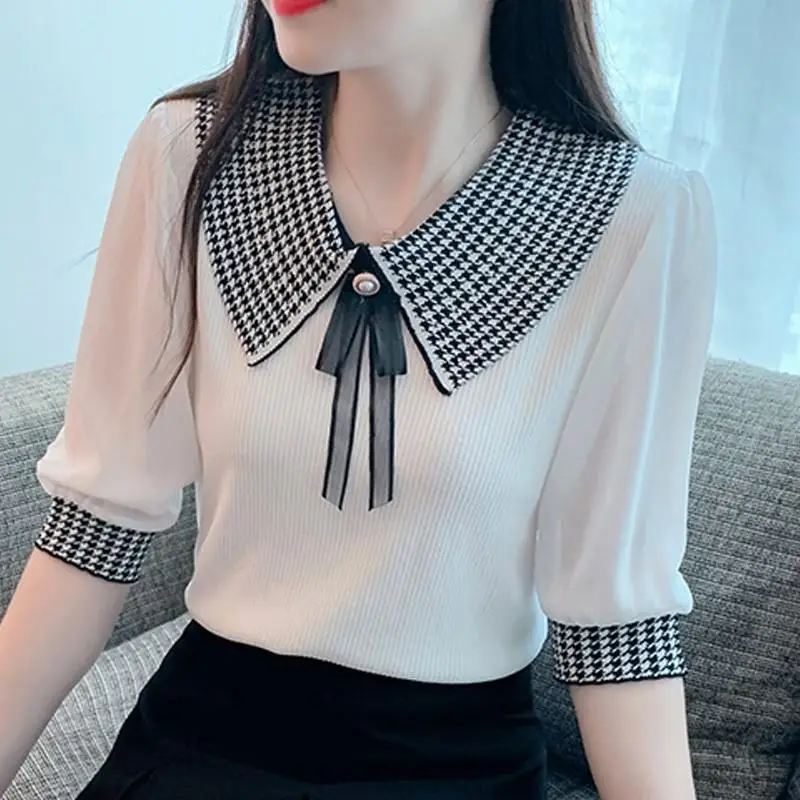 

Fashion Peter Pan Collar Spliced Lace Up Bow Houndstooth Blouse Women's Clothing 2023 Summer New Casual Pullovers Sweet Shirt