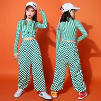 kid kpop hip hop clothing checkered long sleeve t shirt casual streetwear sweat jogger pants for girl jazz dance costume clothes