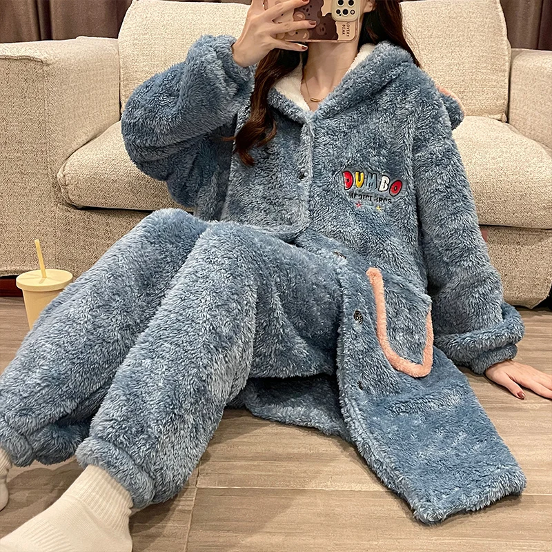Women Sleepwear Plus Size Medium Style Winter Pajamas Set Loose Version Keep Warm Intensification Pyjamas Plush Nightgown Hooded