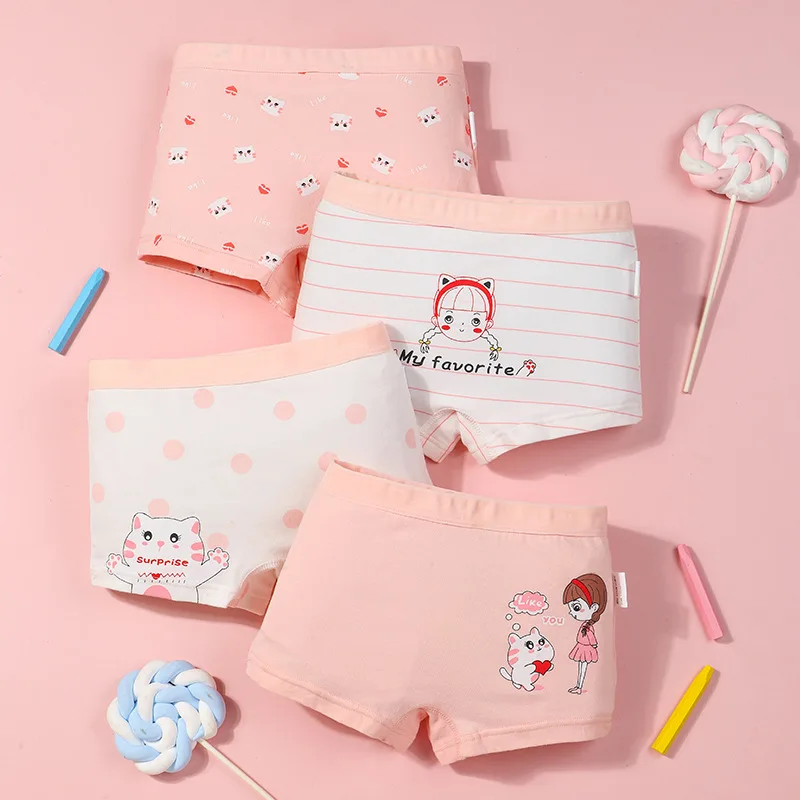 

4PCS Children Girls Underwear Cartoon Children's Shorts Panties Baby Girls Toddler Boxers Stripes Teenagers Cotton Underpants