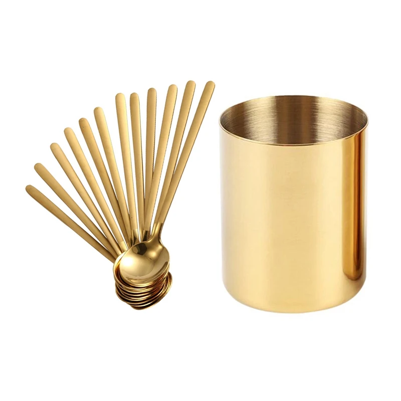 

13 Pcs Accessories: 1 Pcs Flower Vase For House Office & 12Pcs/Set Round Shape Coffee Spoon Stainless Steel (Gold)