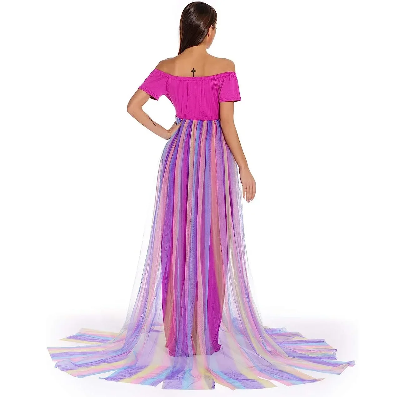 Радужное платье для беременных с открытыми плечами фотосессии будущей матери