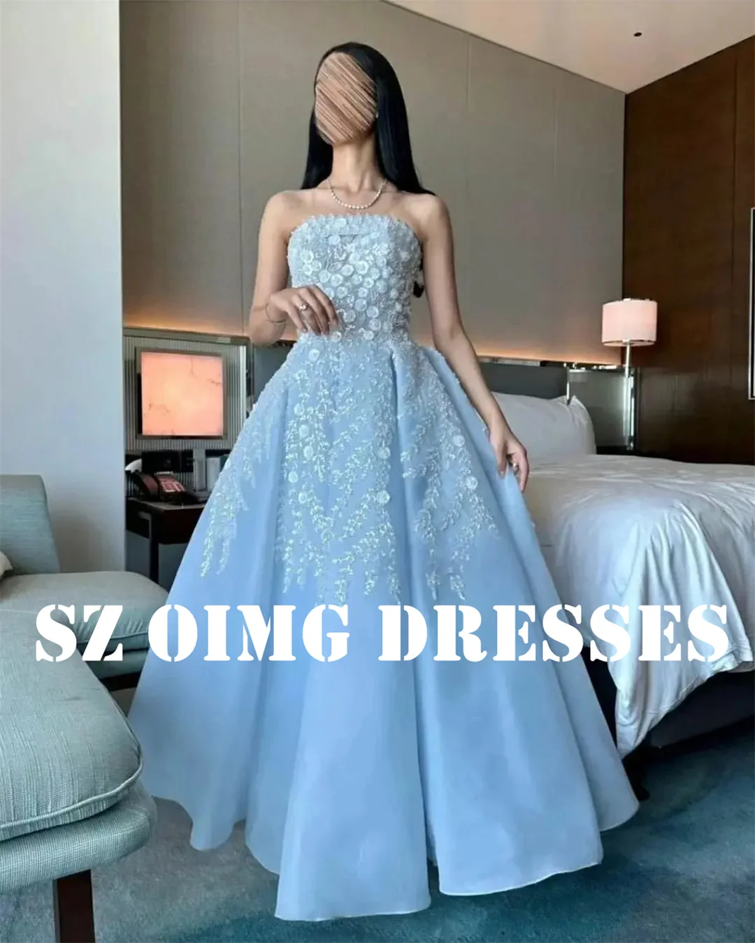 

OIMG New Design Sky Blue Strapless Appliques Prom Dresses Arabic Women A-Line Sequined Organza Evening Gowns Formal Party Dress